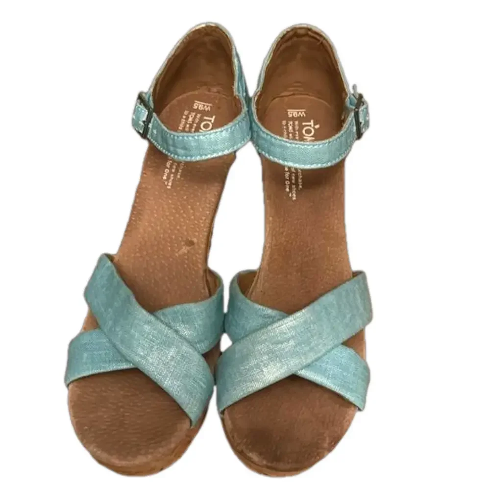 TOMS Shimmery Aqua Strappy Platform Cork Wedge Heels - Size 9.5